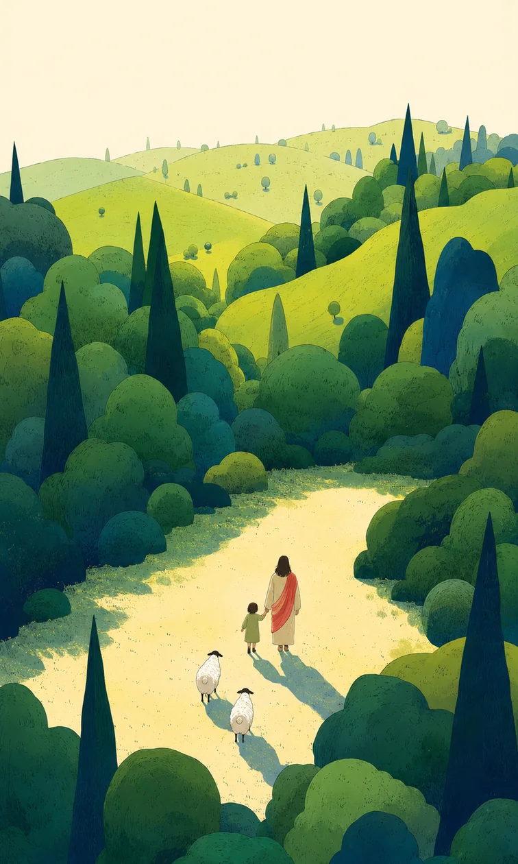 耶稣带领孩子与羊群走向远方教堂和牧场的插画（系列作品 2）