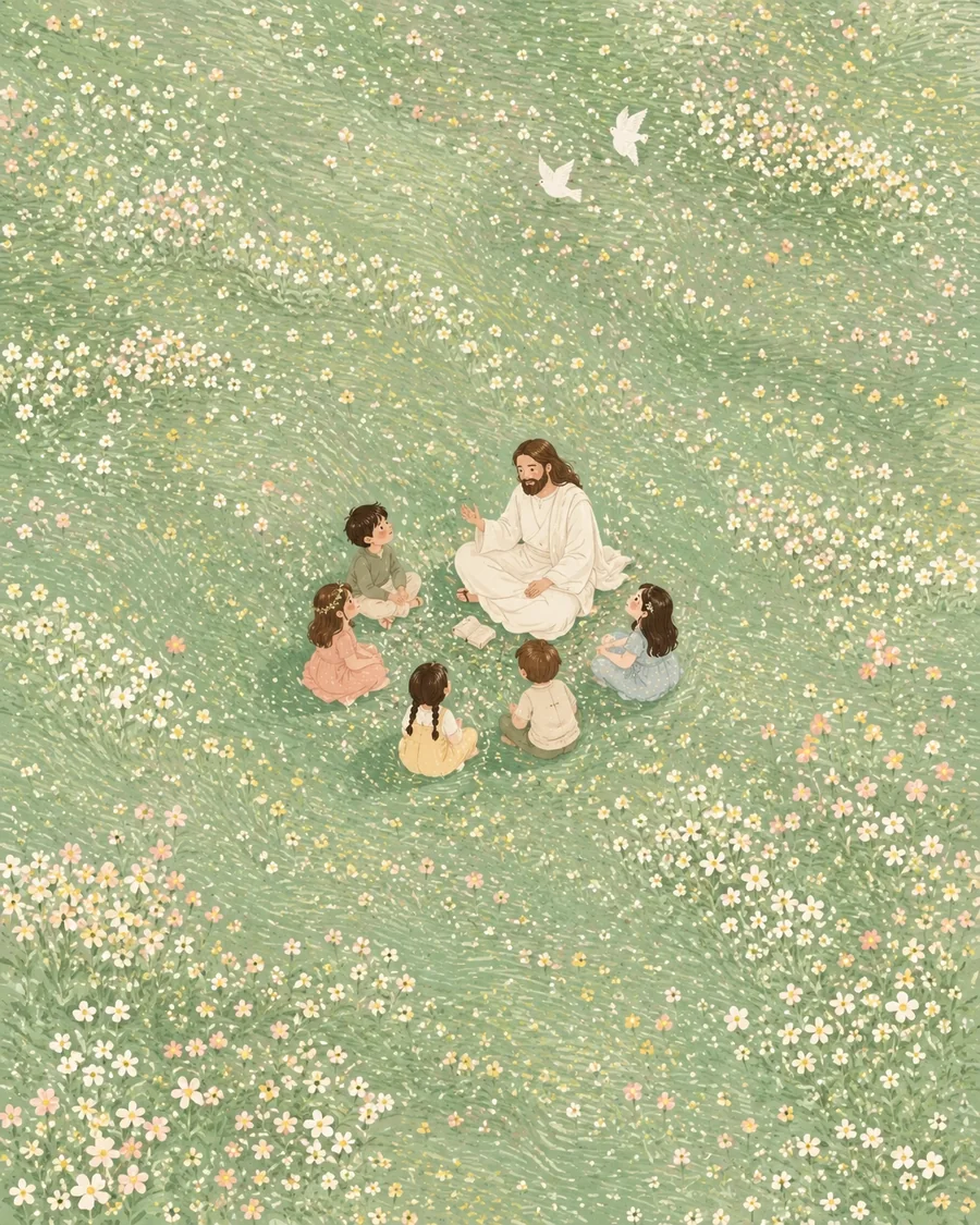 耶稣与孩子们围坐在草地上聆听与分享的插画（系列作品 3）