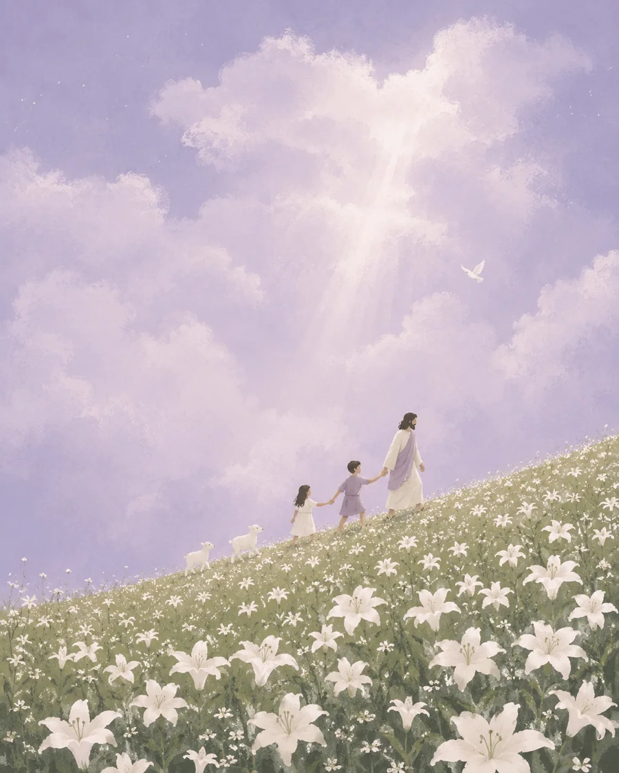 耶稣与孩子穿过百合花田，在柔和光线中安息的插画（系列作品 1）