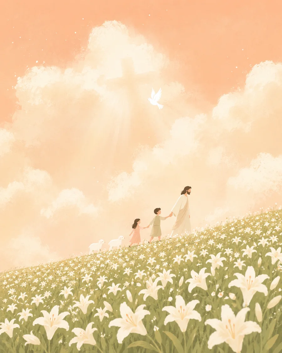 耶稣与孩子穿过百合花田，在柔和光线中安息的插画（系列作品 2）