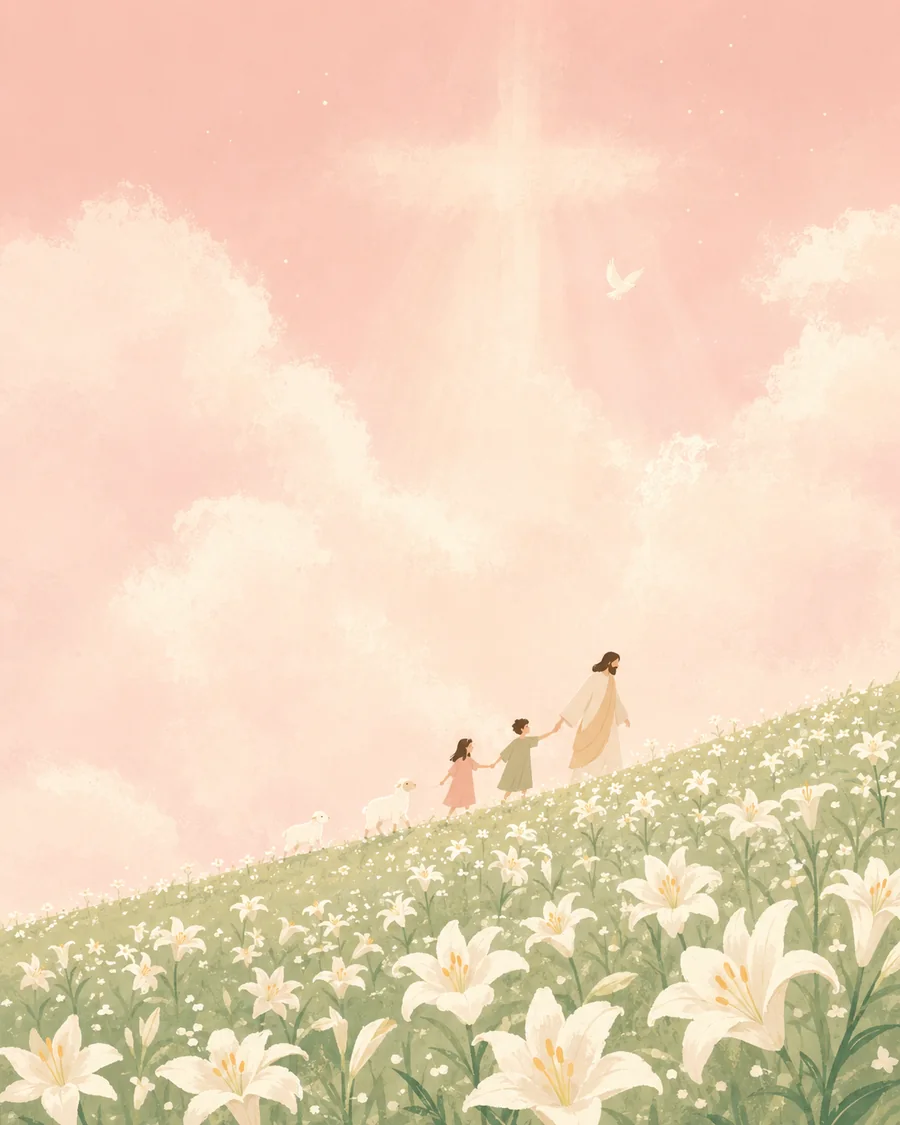 耶稣与孩子穿过百合花田，在柔和光线中安息的插画（系列作品 3）