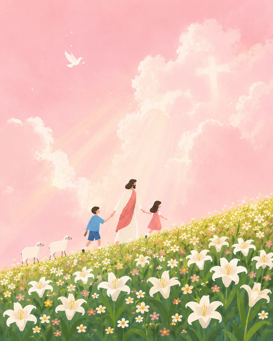 耶稣与孩子穿过百合花田，在柔和光线中安息的插画（系列作品 4）