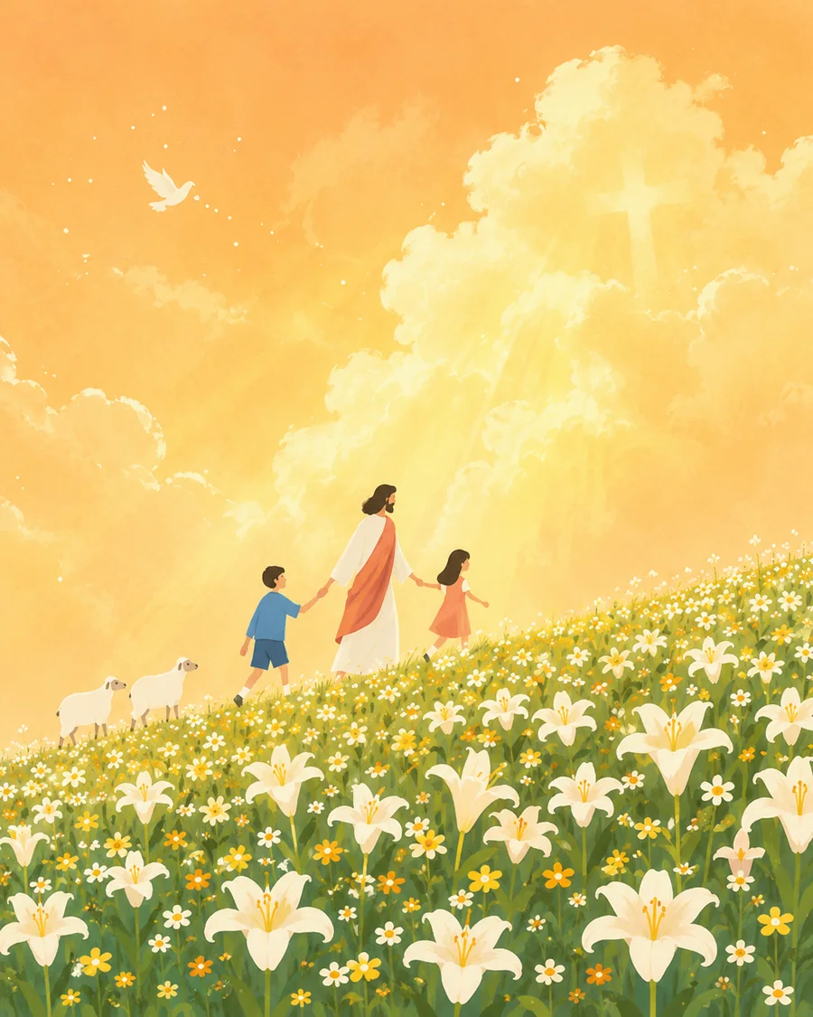 耶稣与孩子穿过百合花田，在柔和光线中安息的插画（系列作品 5）