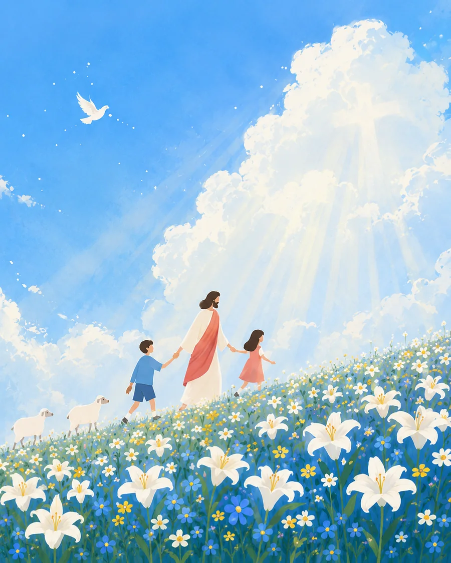 耶稣与孩子穿过百合花田，在柔和光线中安息的插画（系列作品 6）