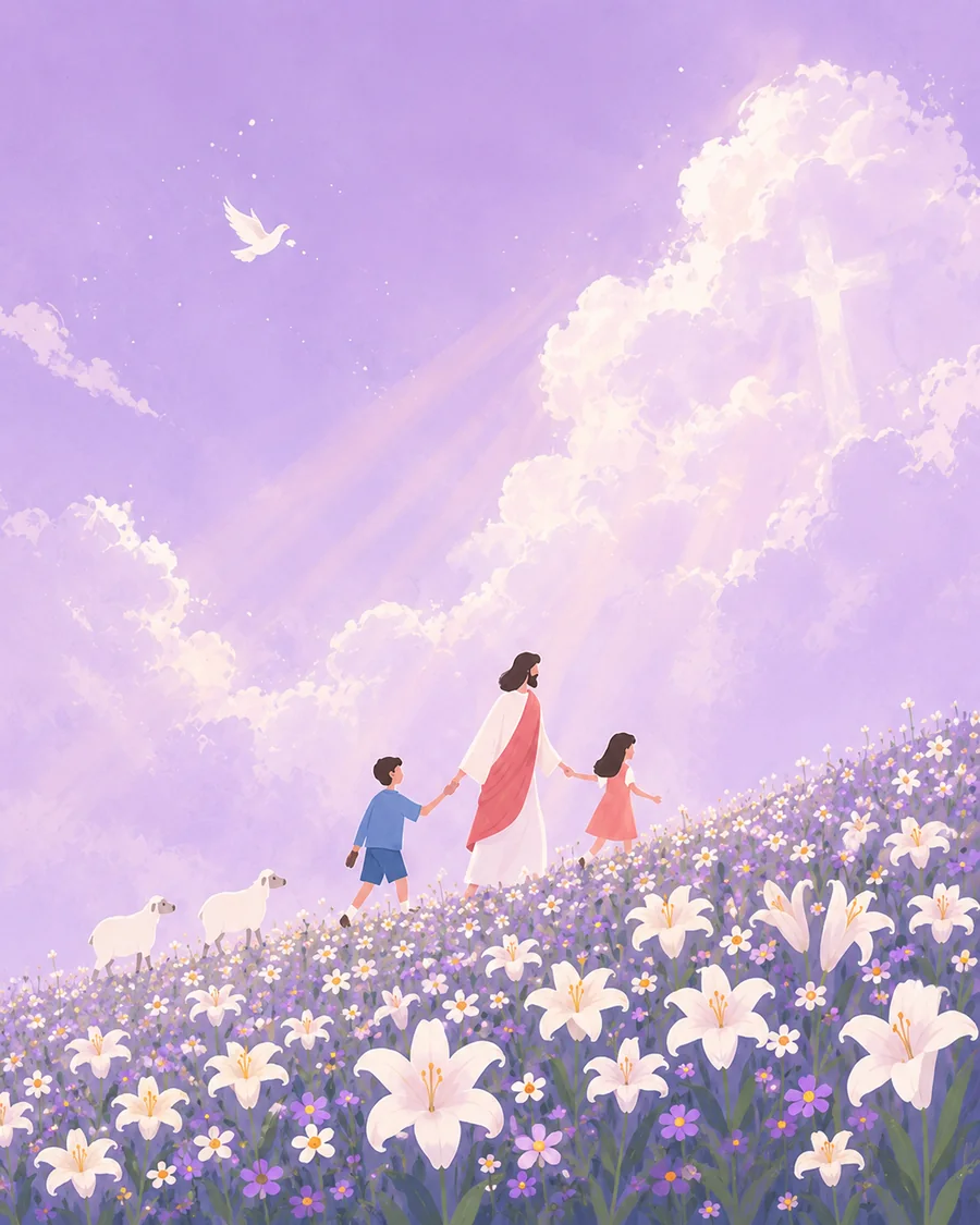 耶稣与孩子穿过百合花田，在柔和光线中安息的插画（系列作品 7）