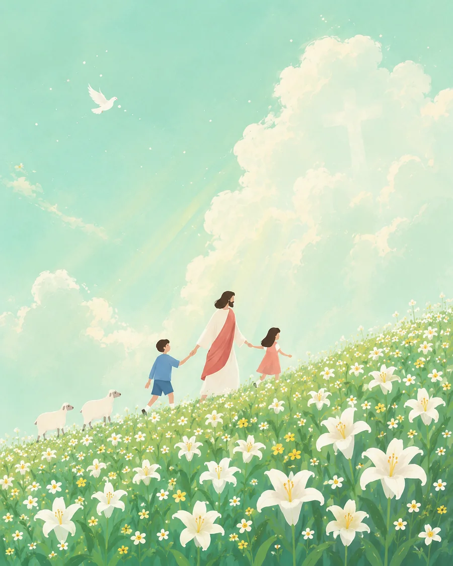耶稣与孩子穿过百合花田，在柔和光线中安息的插画（系列作品 8）