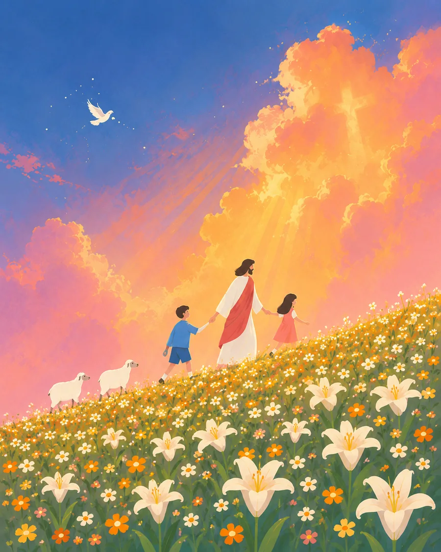 耶稣与孩子穿过百合花田，在柔和光线中安息的插画（系列作品 9）