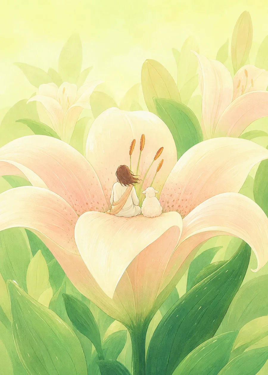 耶稣与孩子穿过百合花田，在柔和光线中安息的插画（系列作品 10）