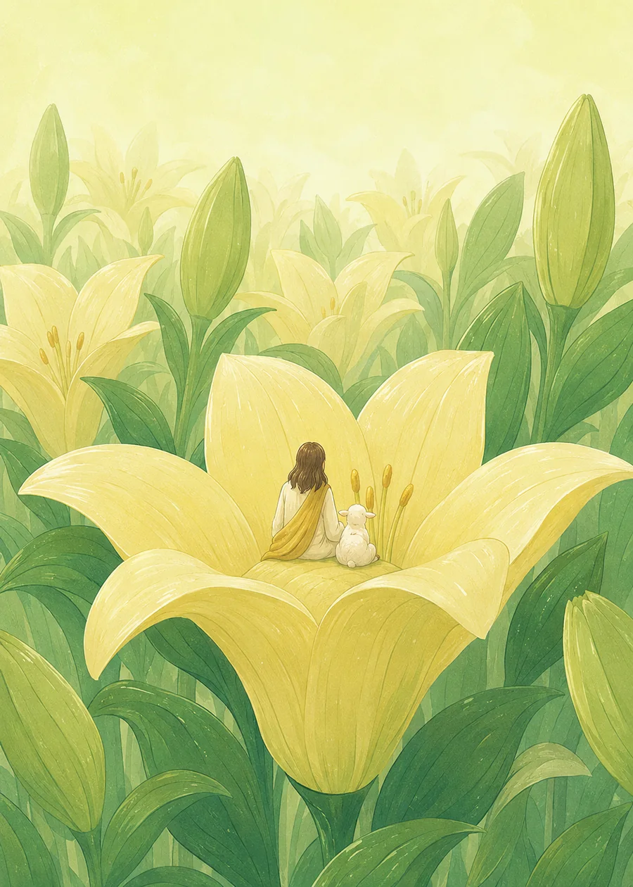 耶稣与孩子穿过百合花田，在柔和光线中安息的插画（系列作品 11）