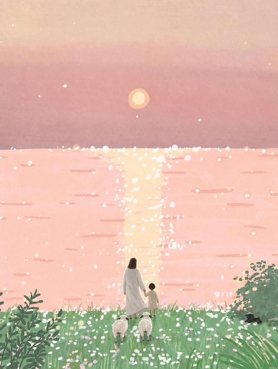 耶稣牵着孩子，在湖畔、山谷与树林间带领羊群同行的插画（系列作品 1）