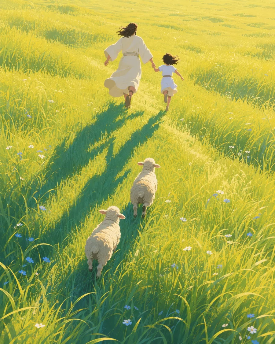 耶稣牵着孩子，在湖畔、山谷与树林间带领羊群同行的插画（系列作品 2）