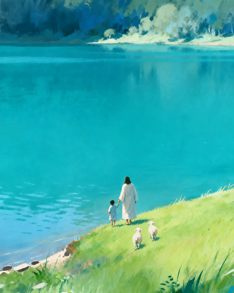 耶稣牵着孩子，在湖畔、山谷与树林间带领羊群同行的插画（系列作品 3）