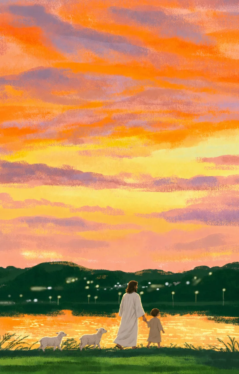 耶稣牵着孩子，在湖畔、山谷与树林间带领羊群同行的插画（系列作品 4）