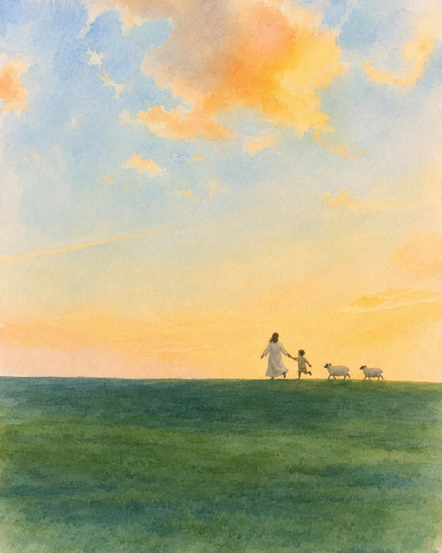 耶稣牵着孩子，在湖畔、山谷与树林间带领羊群同行的插画（系列作品 5）