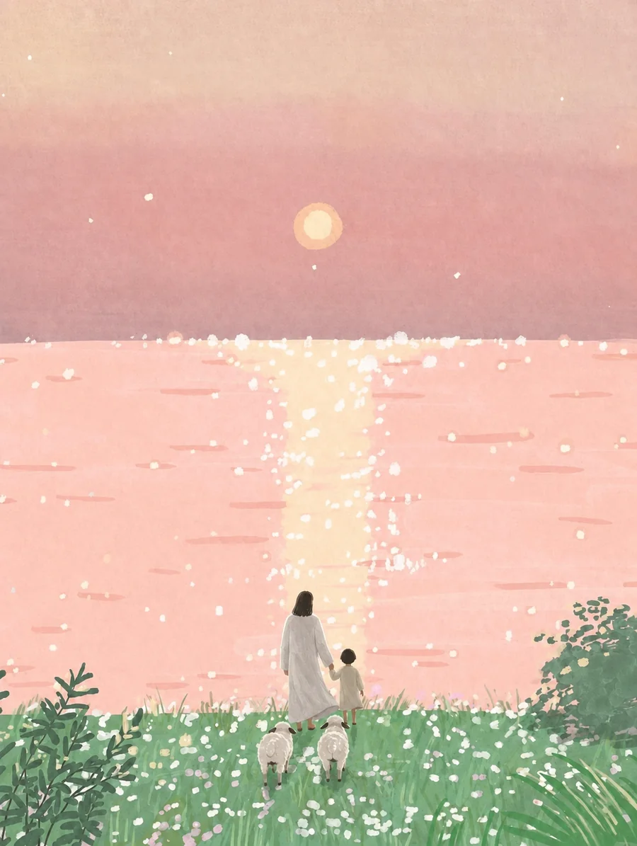 耶稣牵着孩子，在湖畔、山谷与树林间带领羊群同行的插画（系列作品 7）
