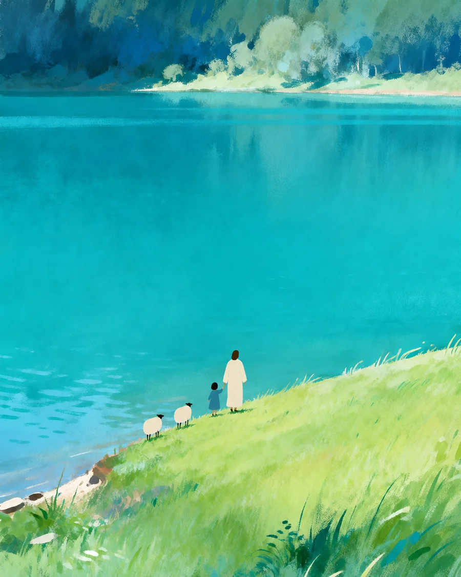 耶稣牵着孩子，在湖畔、山谷与树林间带领羊群同行的插画（系列作品 8）