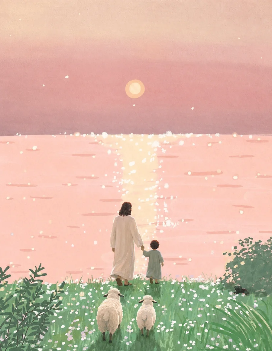 耶稣牵着孩子，在湖畔、山谷与树林间带领羊群同行的插画（系列作品 10）