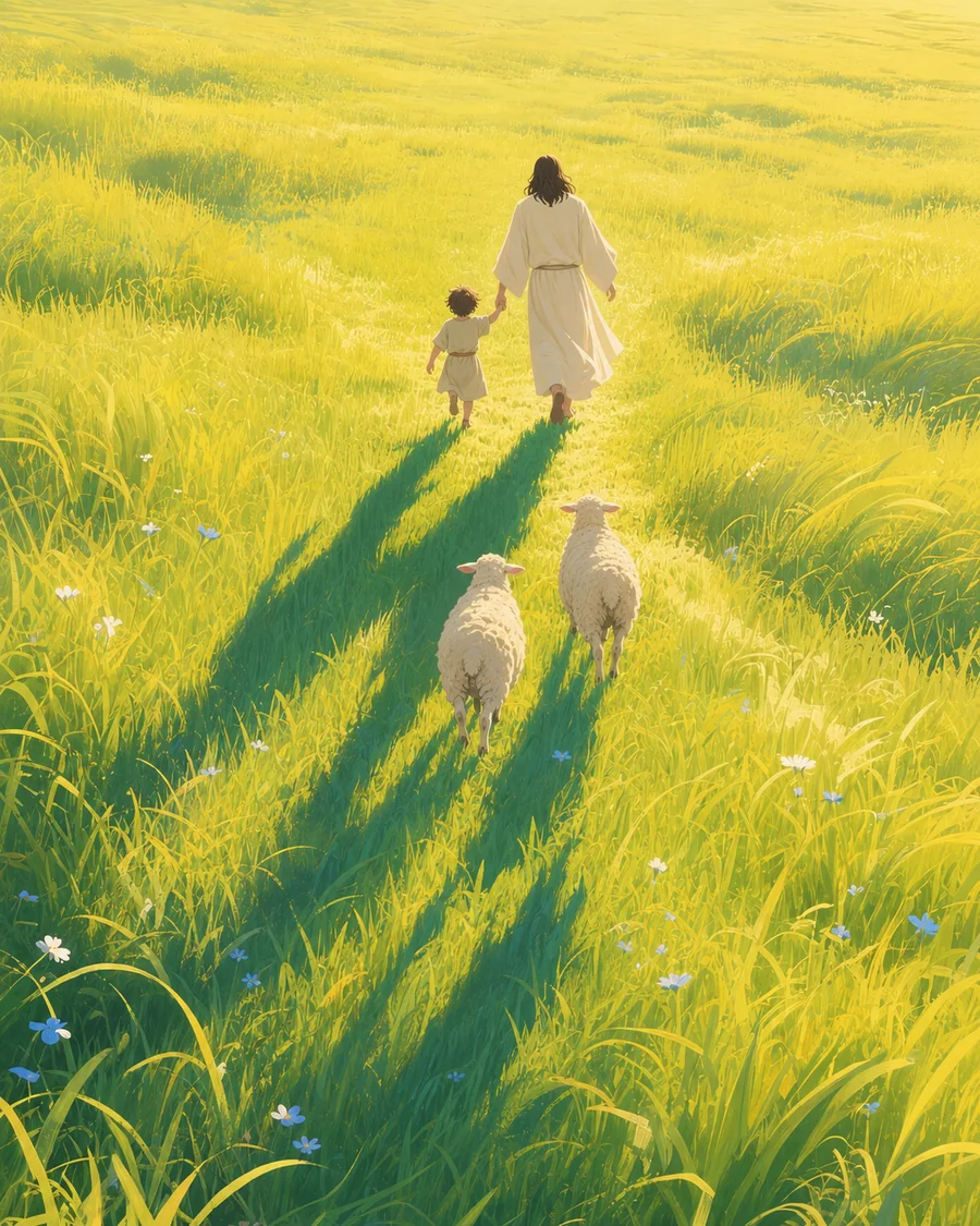 耶稣牵着孩子，在湖畔、山谷与树林间带领羊群同行的插画（系列作品 11）