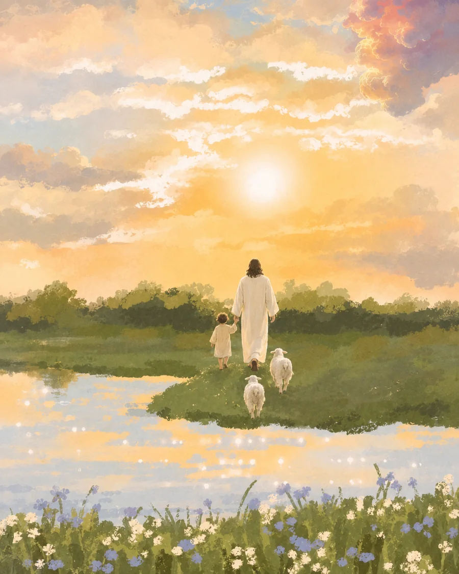 耶稣牵着孩子，在湖畔、山谷与树林间带领羊群同行的插画（系列作品 12）