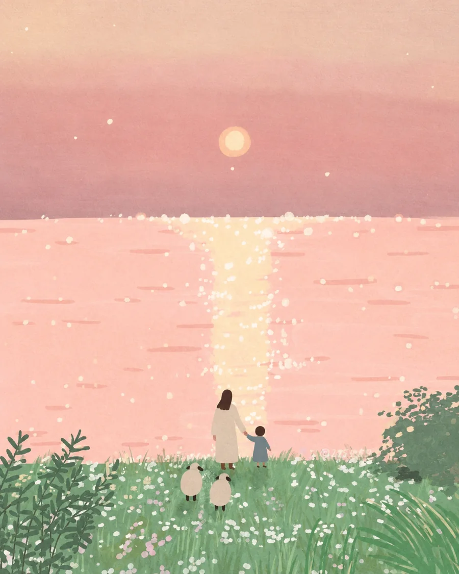 耶稣牵着孩子，在湖畔、山谷与树林间带领羊群同行的插画（系列作品 13）
