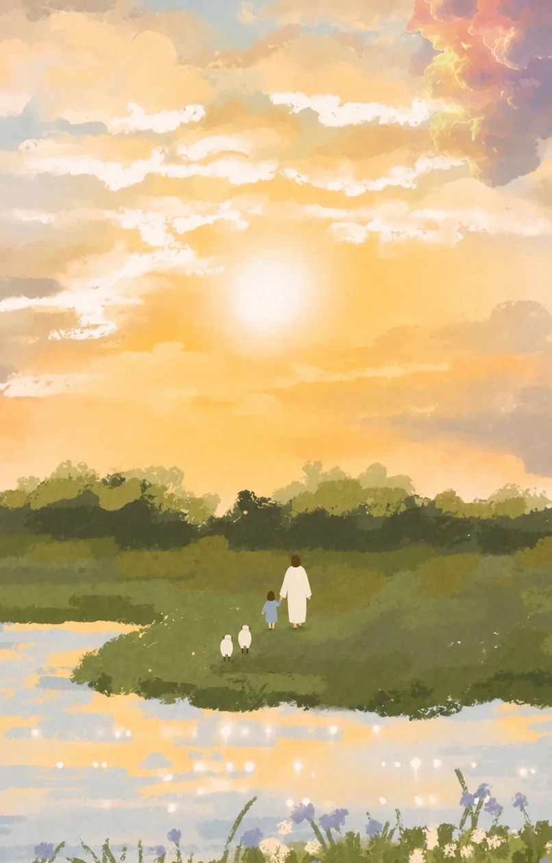 耶稣牵着孩子，在湖畔、山谷与树林间带领羊群同行的插画（系列作品 15）