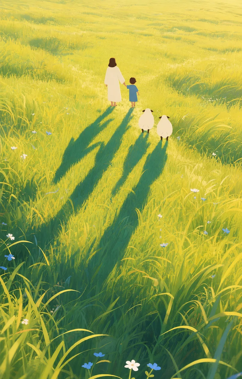 耶稣牵着孩子，在湖畔、山谷与树林间带领羊群同行的插画（系列作品 16）