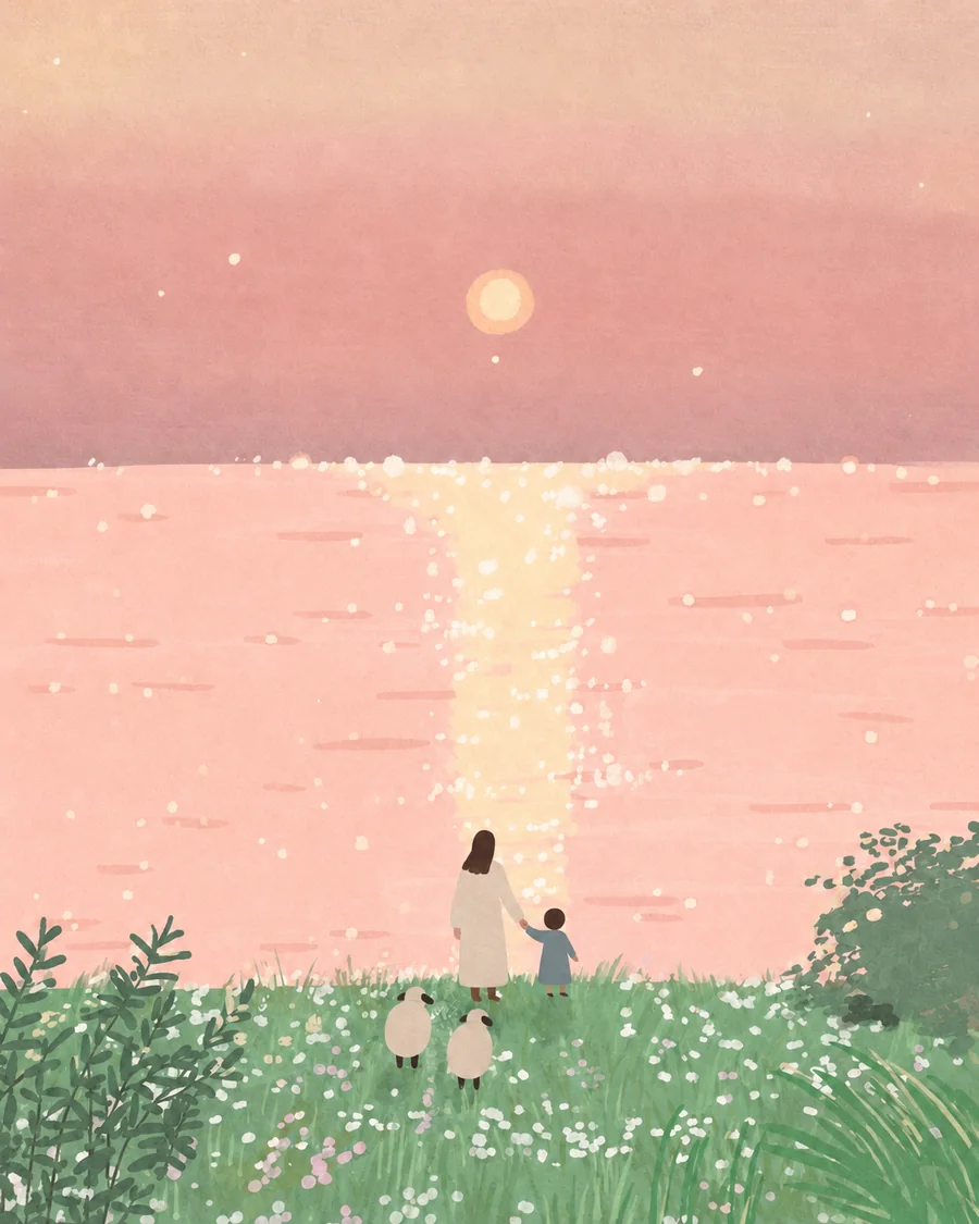 耶稣牵着孩子，在湖畔、山谷与树林间带领羊群同行的插画（系列作品 17）