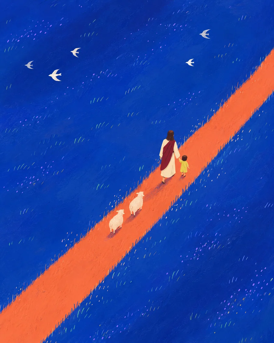 耶稣牵着孩子，在湖畔、山谷与树林间带领羊群同行的插画（系列作品 19）