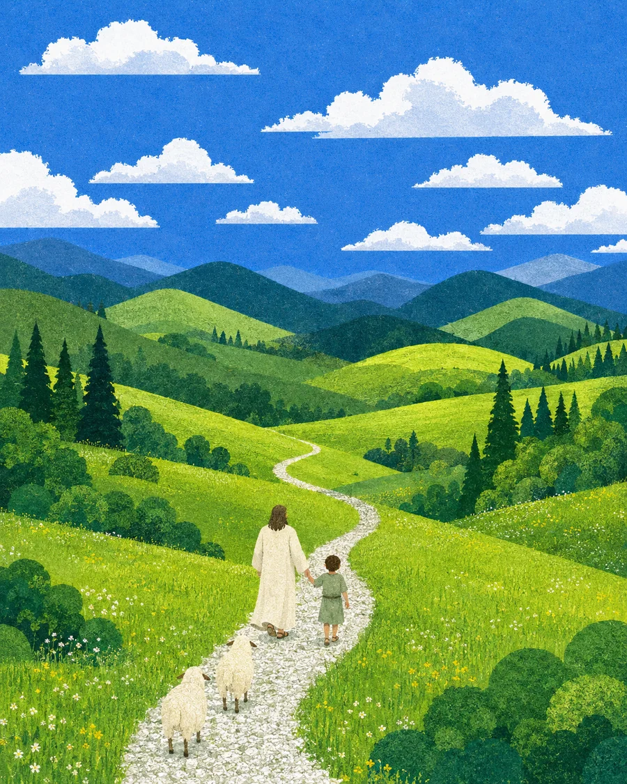 耶稣牵着孩子，在湖畔、山谷与树林间带领羊群同行的插画（系列作品 27）
