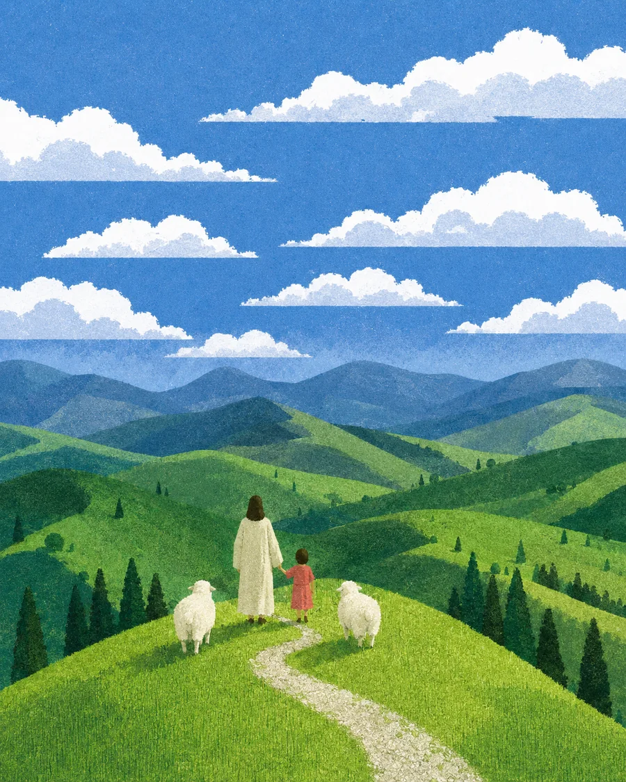 耶稣牵着孩子，在湖畔、山谷与树林间带领羊群同行的插画（系列作品 28）