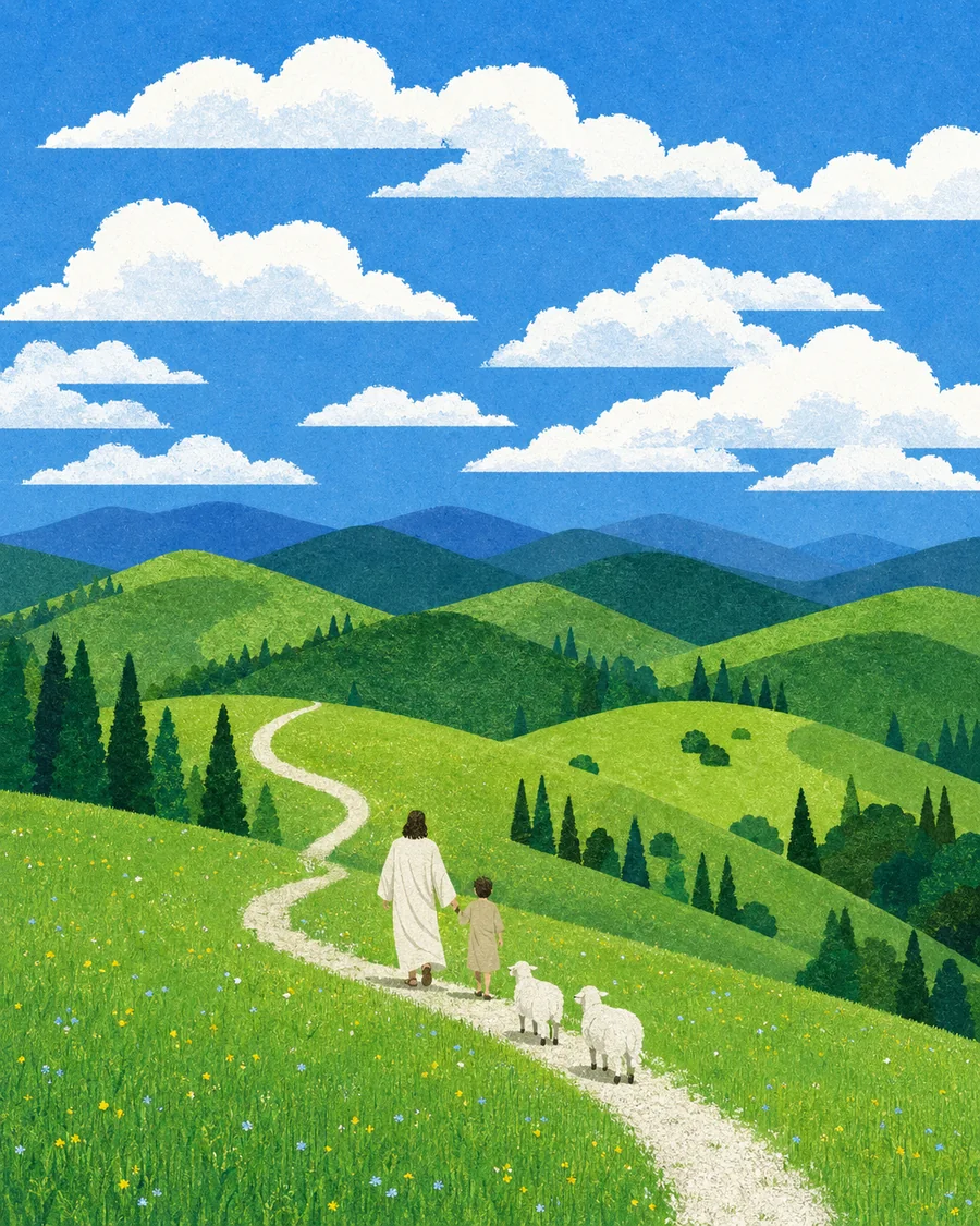 耶稣牵着孩子，在湖畔、山谷与树林间带领羊群同行的插画（系列作品 29）