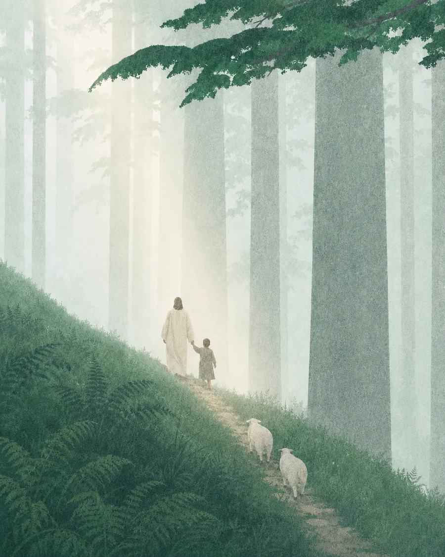 耶稣牵着孩子，在湖畔、山谷与树林间带领羊群同行的插画（系列作品 33）