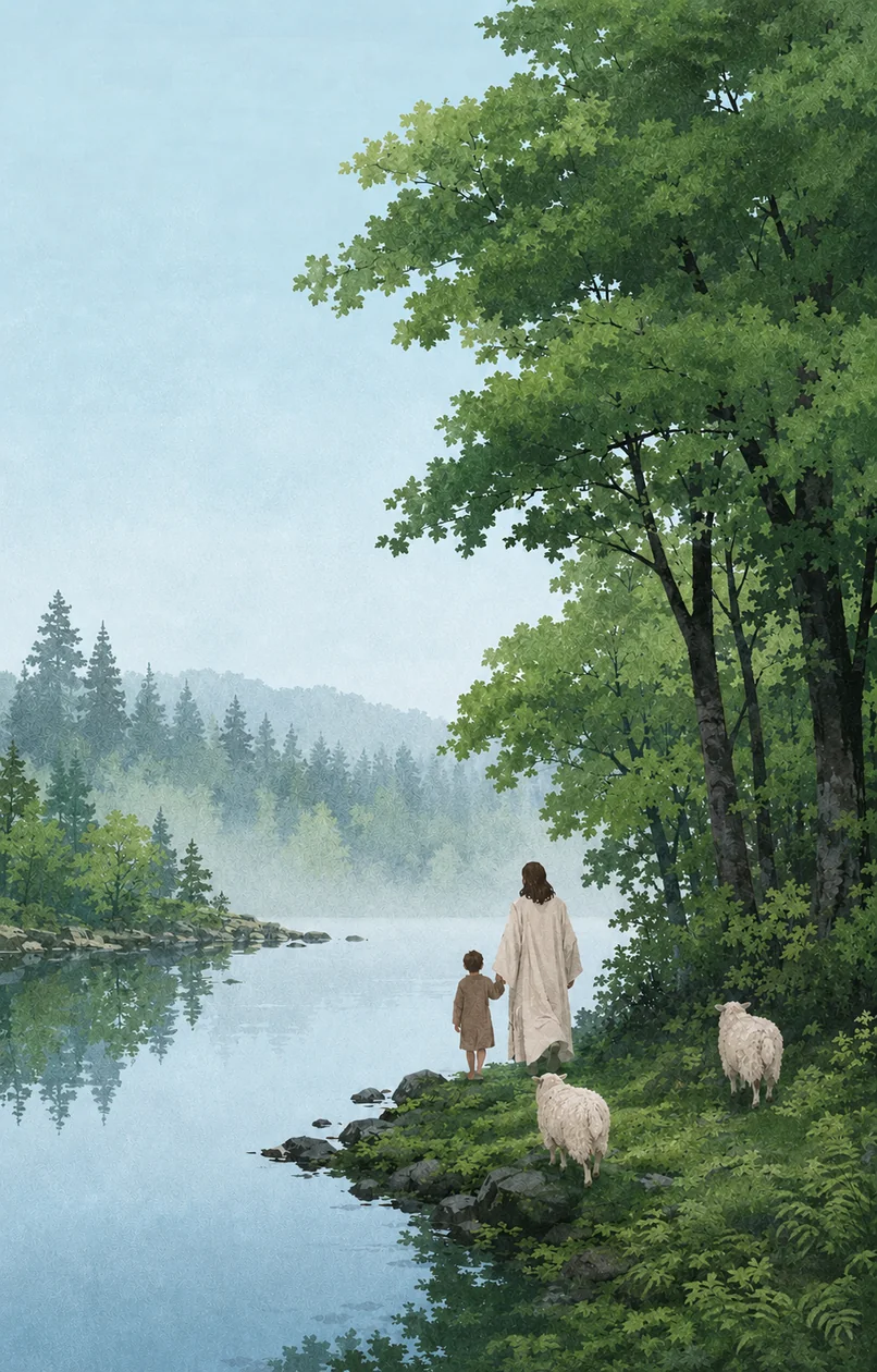 耶稣牵着孩子，在湖畔、山谷与树林间带领羊群同行的插画（系列作品 34）