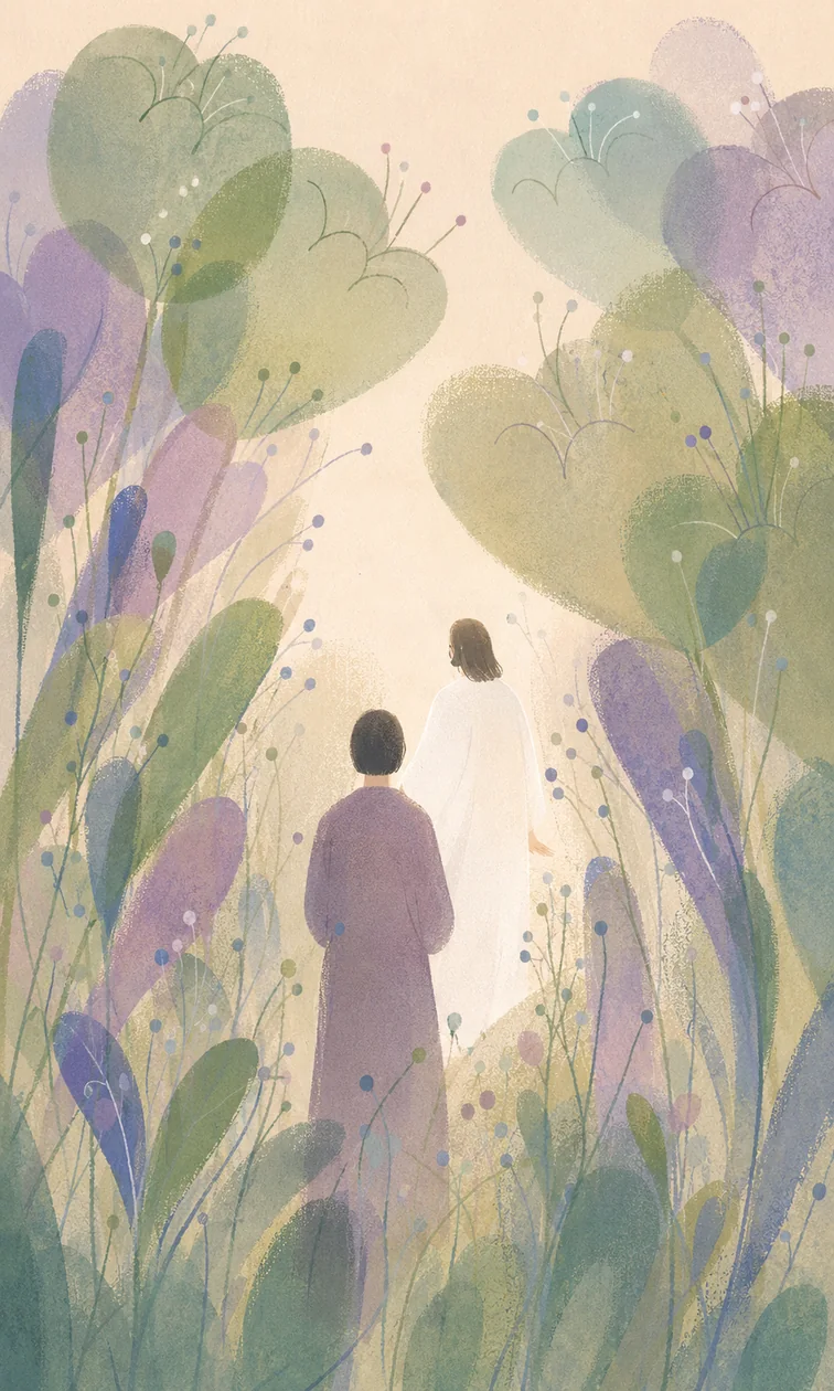 耶稣牵着孩子，在湖畔、山谷与树林间带领羊群同行的插画（系列作品 41）