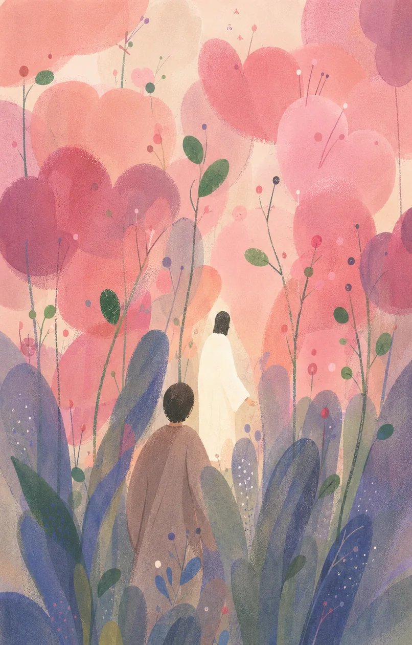 耶稣牵着孩子，在湖畔、山谷与树林间带领羊群同行的插画（系列作品 43）